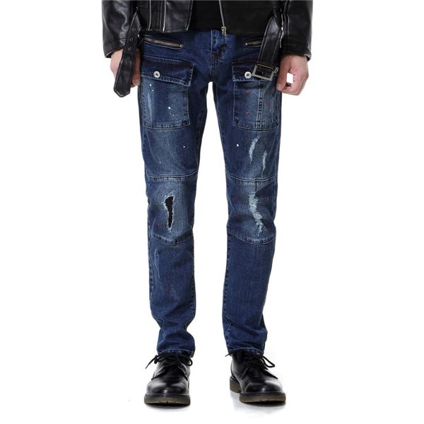 

nice new autumn mens cotton wild hole jeans pants fashion men cotton multi-pocket straight type jeans trousers, Blue