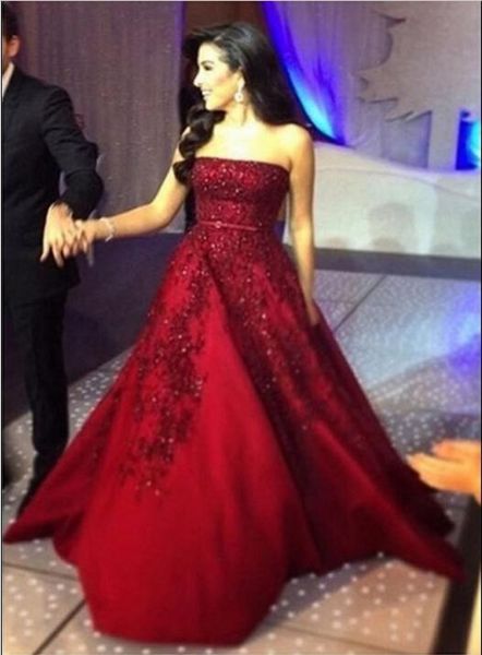 

2019 new burgundy lace applique evening dresses strapless long formal party prom dresses exquisite custom made zuhair murad gowns 512, Black;red