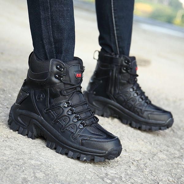 

winter men boots army men tactical boots solid leather ankle combat shoes warm lace up male short boots, Black