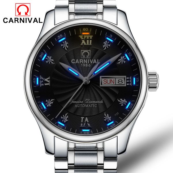 

carnival tritium luminous series luxury business men's watches brand automatic mechanical watch waterproof sapphire glass, Slivery;brown
