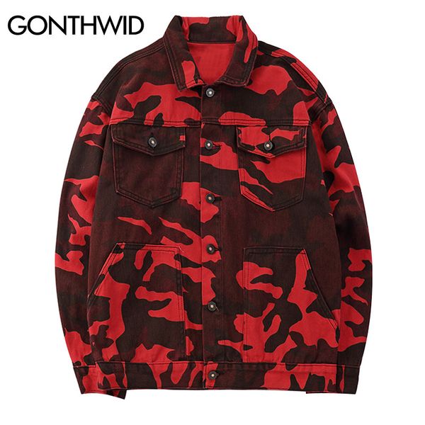 

gonthwid men red camo camouflage denim jackets women hip hop casual denim jean jacket coats male 2018 autumn fashion streetwear, Black;brown