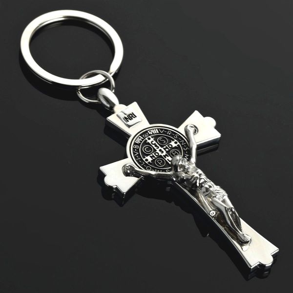 Prata Aço Inoxidável Jesus Cristo Pingente Cruz Charme Chaveiro de Metal Chaveiro de Carro Jóias Religiosas Porta Chave de Presente