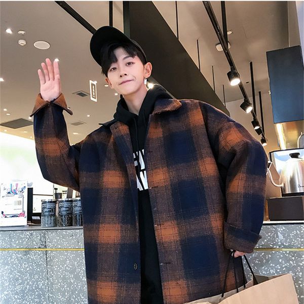 

plus size 2018 mens plaid korean style casual winter warm loose mens coat pockets men wool, Black