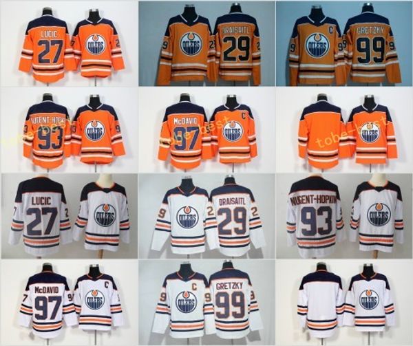 

2018 New Style Edmonton Oiler #19 Patrick Maroon 27 Milan Lucic 29 Leon Draisait Cam Talbot 99 Wayne Gretzky 97 Connor McDavid Jersey