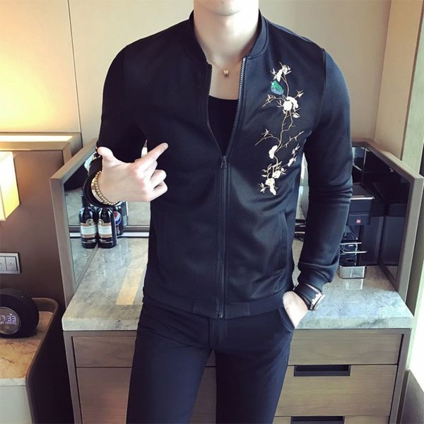 

nice summer bomber jacket men long sleeve slim fit embroidery sunscreen clothing mens casual thin windbreaker coats mens black, Black;brown