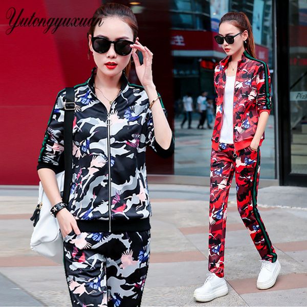 

women sport suit zipper jackets and pants 2 piece set 2017 autumn camouflage printed polyester tracksuits outdoor sportwear, White;red