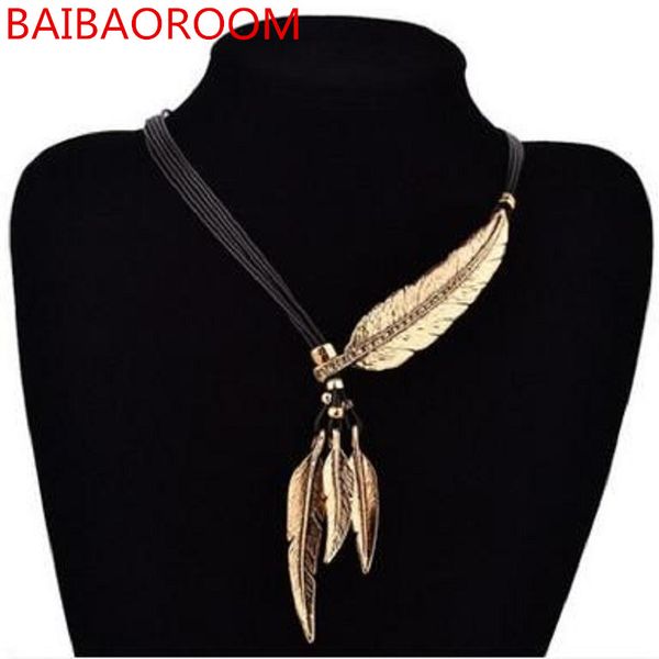 

women necklace alloy feather statement necklaces pendants vintage jewelry rope chain necklace women accessories for gift, Silver