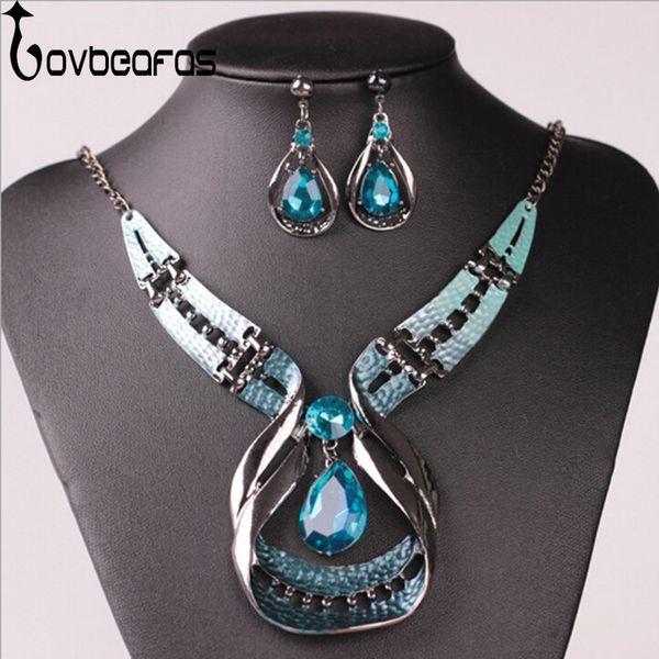 

lovbeafas 2018 fashion blue gem luxury choker necklace earrings jewelry sets collares maxi vintage statement necklaces women, Silver