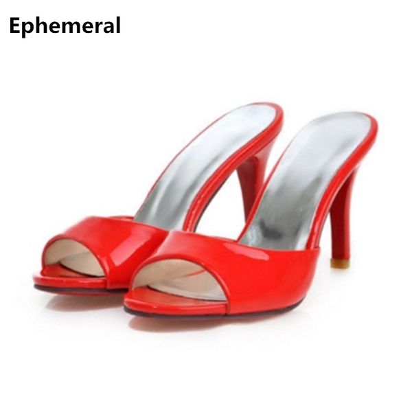 

Дамы 8,5 см супер высокой пятки обувь тапочки каблуки лакированной кожи открытые носки слайды лето удобный красный белый большой размер 43-33