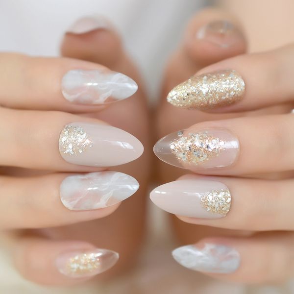 

pointed stiletto false nail art tips nude grey marble cloud fake nails clear shimmer glitter press on full summer daily wear, Red;gold