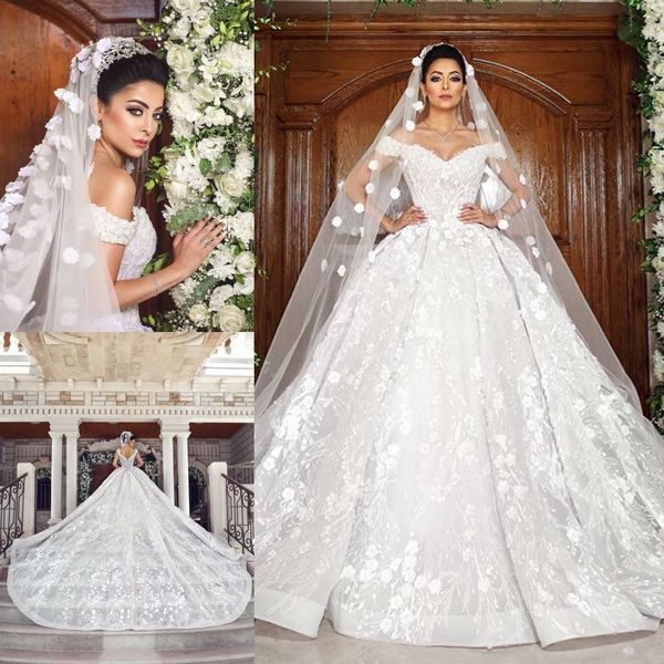 

luxury lace ball gown wedding dresses off shoulder beaded bridal gowns appliqued cathedral sequined crystal vestidos de novia plus size, White