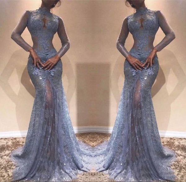 

Illusion See Through Lace Evening Gowns 2018 Mermaid High Neck Sheer Long Sleeves Appliques Long Pageant Party Dresses Prom Dress Vestidos