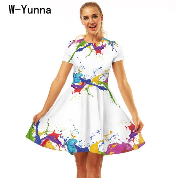 

w-yunna summer clothes for women new streetwear color pigment 3d print pleated dress slim thin elegant vintage party dress, Black;gray