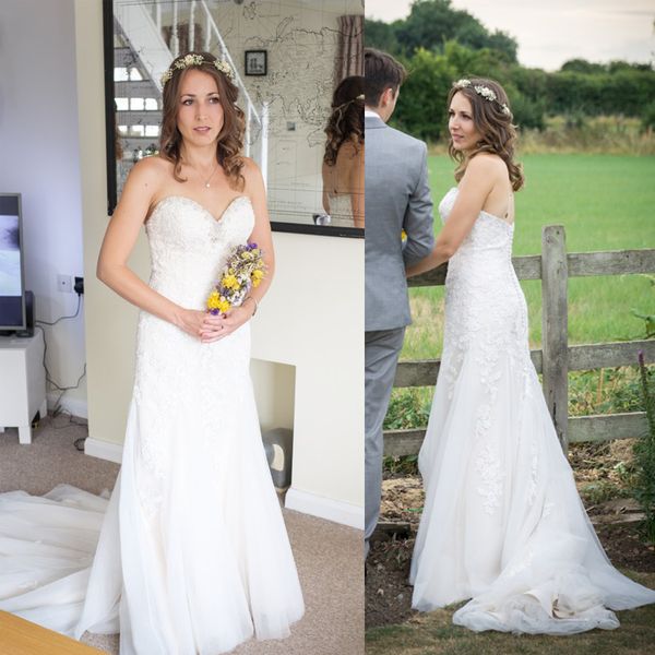 

delicately beaded sweetheart neckline sheath lace applique wedding dress with sweep train long outside bridal dress, White