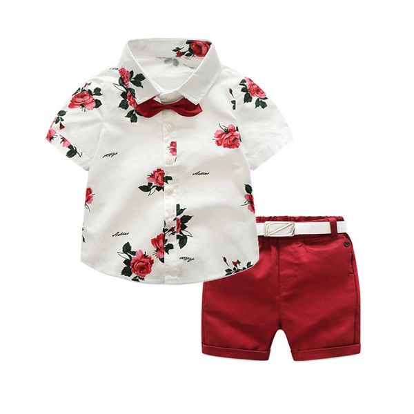 

boys clothing sets summer gentleman suits short sleeve shirt + shorts + belt 3pcs kids clothes children set for 2-7 years, White