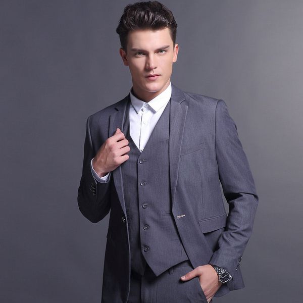 

3 pieces grey men suit handsome wedding suits for men slim fit groom tuxedos blazers jacket pants vest one button groomsmen terno masculino, Black;gray