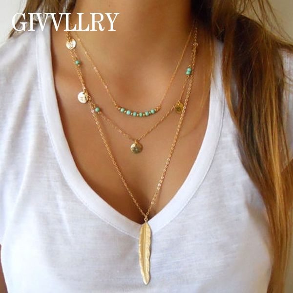 

givvllry bohemian triple chain necklace for women ethnic gold silver color coin tassel green beads long leaf pendant necklaces