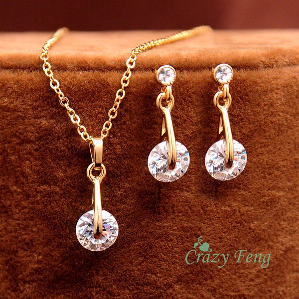 

valentine's gift gold color chain cz crystal pendant choker necklace drop earrings jewelry set for women wedding jewelry sets, Silver