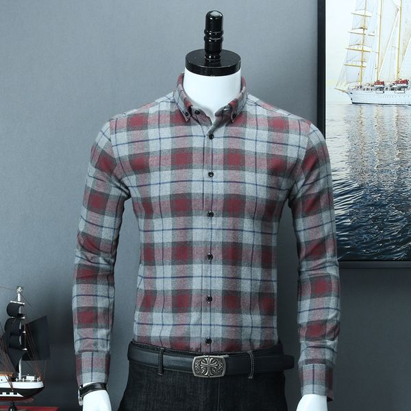 

caiziyijia men casual silm fit brushed long sleeve plaid dress shirts cotton thicker camisa masculina 3 colors, White;black