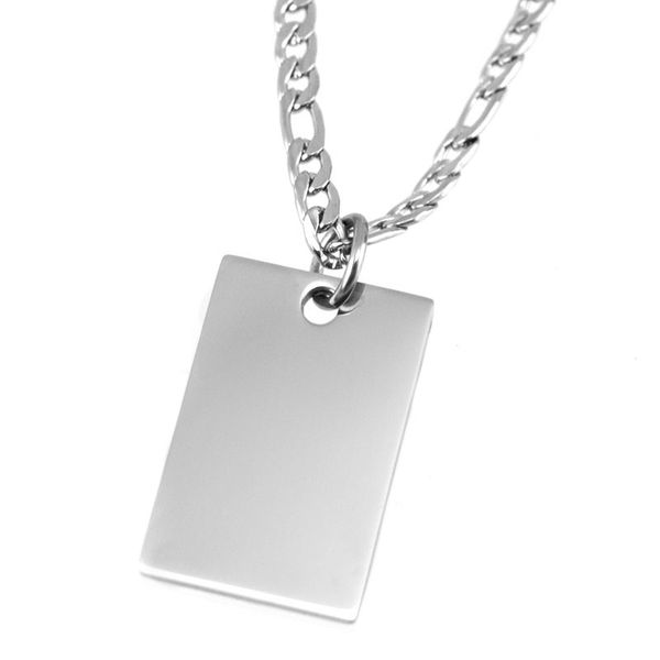 

dog tag metal rectangular pendant stainless steel blank charm with a long rolo figaro chain necklace for men 10pcs, Silver