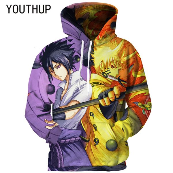 

youthup 2018 men hooded hoodies long sleeve pullover sweatshirts 3d print naruto streetwear casual anime hoody plus size, Black
