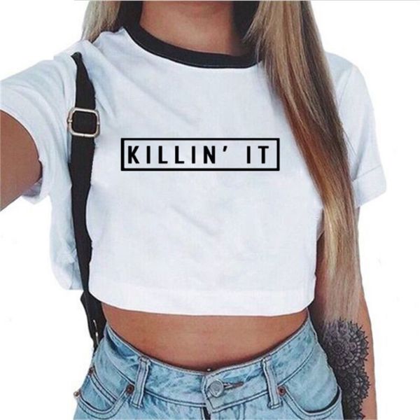 

chens sister] hit color print cotton tshirt midriff-baring o-neck short sleeve white tshirt women