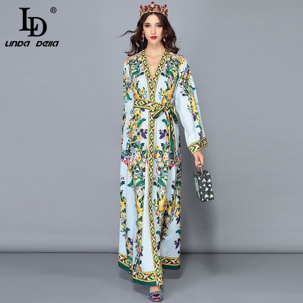 

ld linda della vacation floral maxi dresses women's long sleeve v-neck belt casual flower print boho holiday loose long dress, White;black