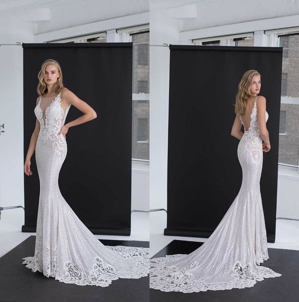 

white mermaid wedding dresses sheer scoop neck sweep train lace appliques backless country wedding dress plus size bridal gowns