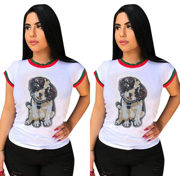 

summer women's t-shirt leisure round neck sequins dog white cotton blends striped short sleeves & tees q085