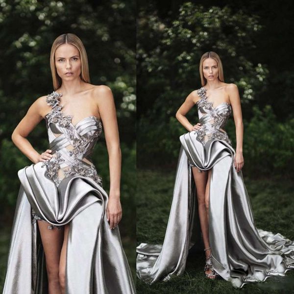 

silver evening dresses one shoulder luxury ruffles satin sweep train high low prom dress apliques lace formal party gowns, Black