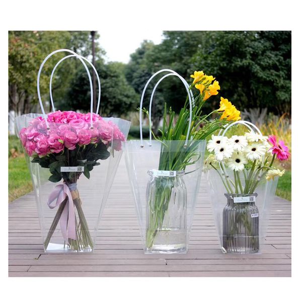 

plastic pvc flower packaging bag for shop waterproof transparent gift bag with handle party holiday flower bags