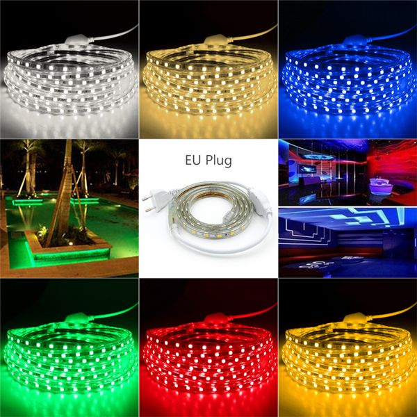 

смд 5050 220в светодиодные ленты гибкий свет 60leds/м водонепроницаемые светодиодные ленты света сид с штепсельной вилкой