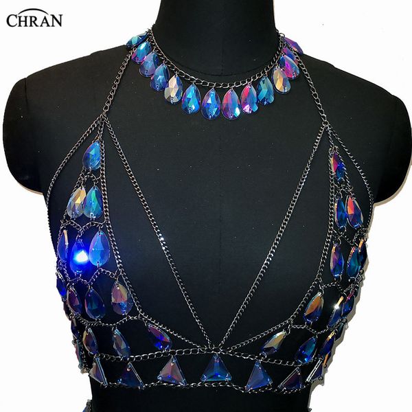 

chran sparkly blue iridescent chainmail tank for women body choker necklace festival wear bra lingerie holiday jewelry, Silver