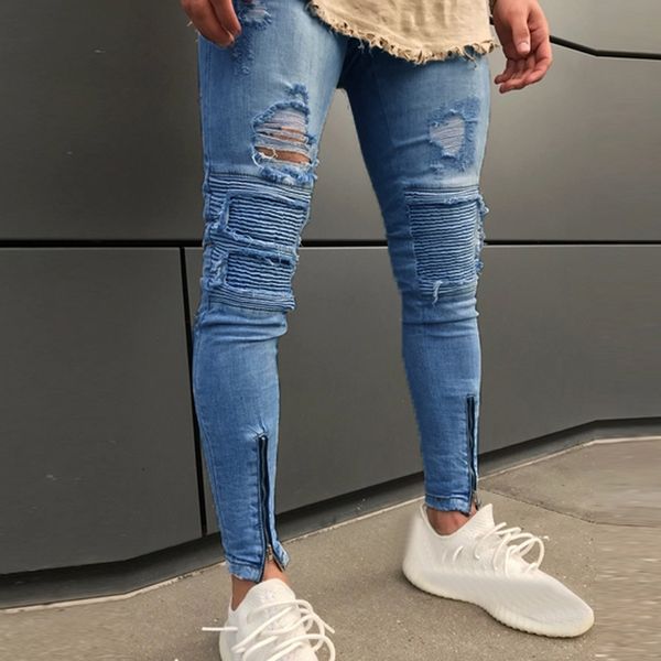 

new fashion casual men slim biker zipper denim jeans skinny frayed pants distressed rip trousers for male drop shipping, Blue