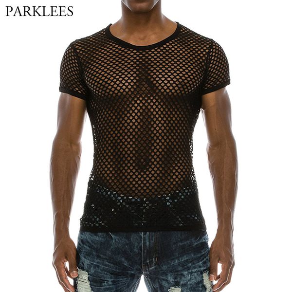 

men's mesh see-through fishnet t shirt 2018 fashion short sleeve nightclub wear t-shirt men party perform streetwear, White;black
