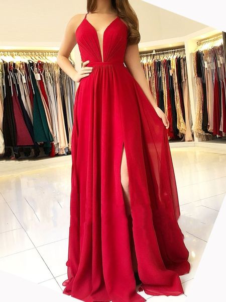 Encantador Red Long Prom Vestido de Noite Vestidos de Noite de Alta Dividir Backless A Linha Plissado Chiffon Prom Vestidos 2018 Elegante Mulheres Vestido de Festa Barato