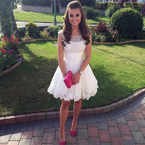 

gorgeous white ivory short prom dresses sheer bateau neck sleeveless pearls lace appliques mini homecoming graduation gowns custom made, Black