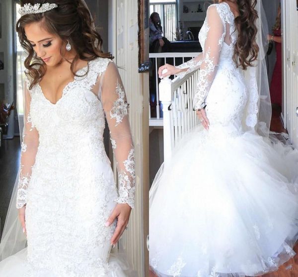 

2018 Long Sleeves Lace Wedding Dresses Sequins Beading Luxury Dubai Arabic Lace Novia plus size Mermaid Bridal Gowns