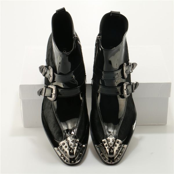 

pointed toe rivet iron head breathable men leather casual zip up ankle high boots med heel buiness party dress wedding boots, Black