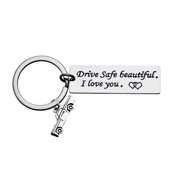 

hand stamped keychain cars keyfob drive safe beautiful i love you car tag charm keyring key chain lover girlfriend wife gifts, Silver