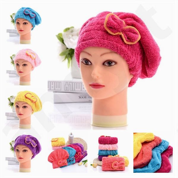 

fashion cute bowknot coral velvet bathing cap dry hair cap thickening wiping hair water uptake fast drying hat t7g003