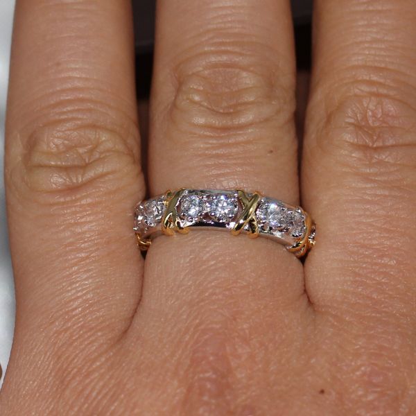 Atacado profissional eternidade diamonique cz simulado diamante 10kt branco amarelo ouro preenchido casamento banda cruz anel tamanho 5-11