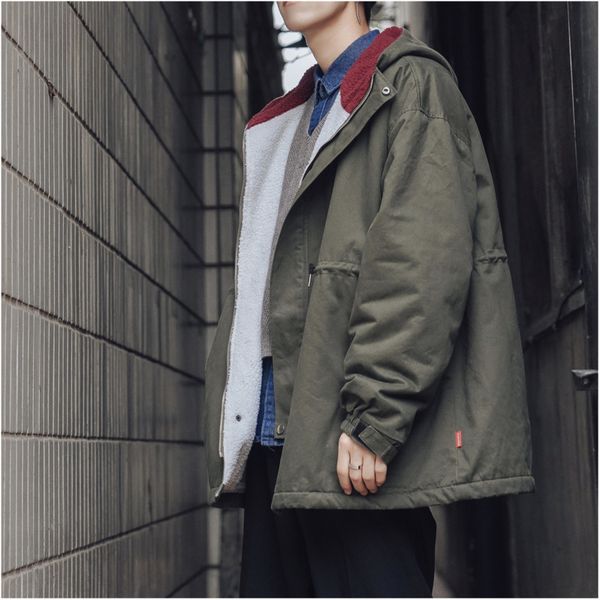 

2018 cotton men's lamb fur coat hooded winter new thick korean version plus velvet tooling cotton suit black / army green