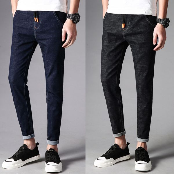

solid color men jeans pants classic vintage men's jeans comfortable elastic waist black blue ankle-length pants