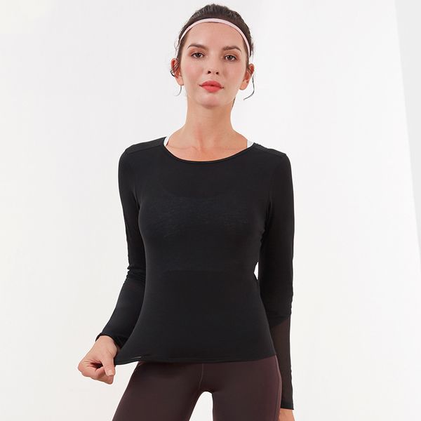 

women cotton slim stretch warm round neck outdoor sports t-shirt backless comfortable mesh stitching long sleeve running shirt, Black;blue
