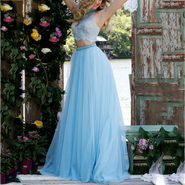 

halter backless a-line long prom dresses charming lace beaded two pieces bule tulle evening party dress prom gowns custom made, Black