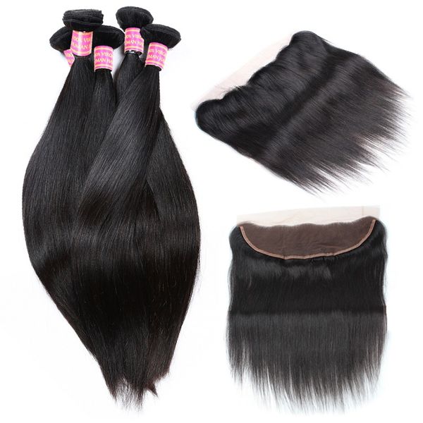 

13x4 brazilian full lace frontal with 4 bundles 8a brazilian silk straight human hair with frontal bleached knots virgin curly hair weave, Black