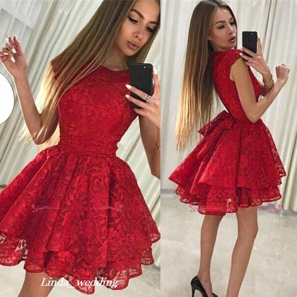2019 barato Vermelho rendas curtas vestido de casa de casa verão uma linha Juniors coquetel vestido mais tamanho feito sob encomenda