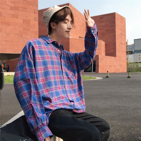 

fashion casual men's shirt spring and autumn new s-2xl plaid loose shirt jacket blue yellow personality youth popular, White;black