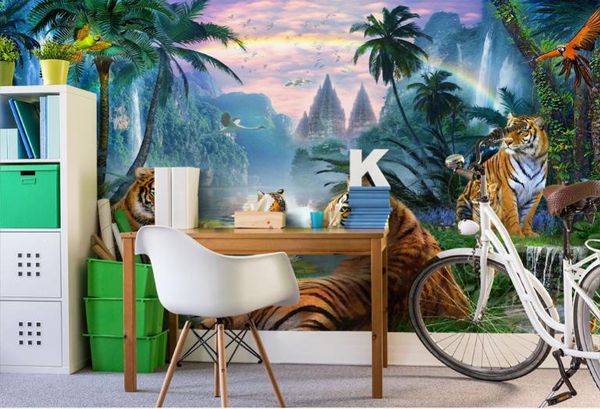 Papel de parede sem costura em grande escala mural 3D personalizado foto mural papel de parede verde floresta arco-íris lótus lagoa grama tigre animal crianças parede